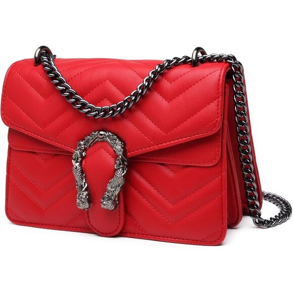 Snake Print Leather Red Crossbody Bag for Women Chain Strap and Clutch Style - Picture 1 of 1